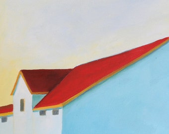 House with red roof - art print reproduction of original oil painting