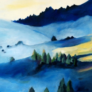 Blue Foggy Hills Classic California Landscape Print van origineel schilderij