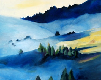 Blue Foggy Hills Classic California Landscape Print of Original Painting