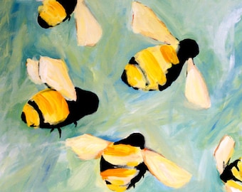 Happy Bees painting digital download of original oil painting - kids room garden nature lover art decor bee art bumblebee