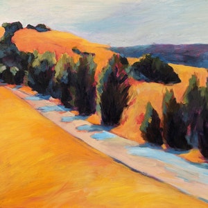 Archiwalny wydruk olejny przedstawiający krajobraz Kalifornii - California Bay Area Rural Road