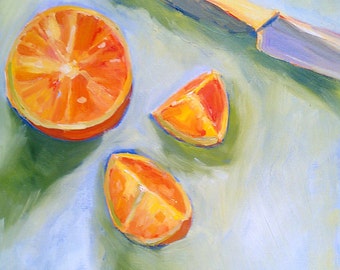 May include: A painting of three orange slices on a blue and green background. The orange slices are arranged in a triangular shape. A knife is also painted on the background.
