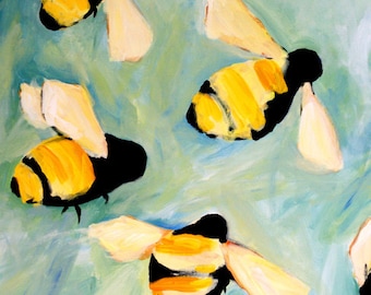Bees happy art print of original oil painting 5x7 cute bumble bee PRINT kids room idea