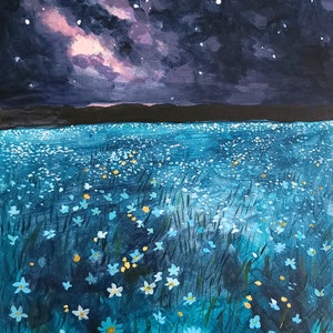 Landscape Painting, Landscape Print, Night Art, Galaxy Painting, Landscape Print, Night Meadow, Dreamy Art Print Cottagecore