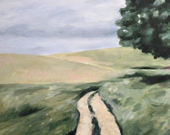 Paysage californien 20 x 20 peinture à l'huile originale Grand chêne et chemin