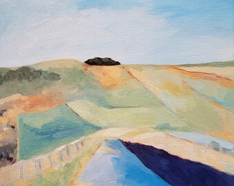 カリフォルニアの風景画 オリジナル油絵 18x18インチ 霧のかかった丘と