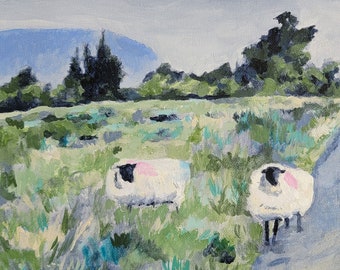 Sheep art print of original oil painting 8.5x11 inches landscape painting Irish countryside with sheep