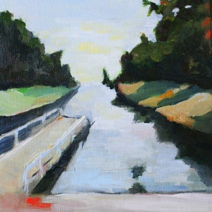 landscape oil painting art print serene and calm dock with water and trees scene reproduction of original oil painting