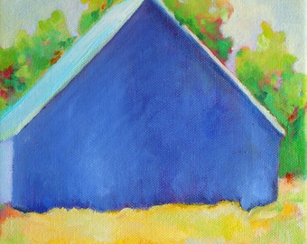 Barn in blue - minimalist art print of original oil painting