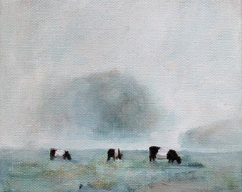Cow painting - print of original oil painting 8 1/2 x 11 Belted cows in fog art print