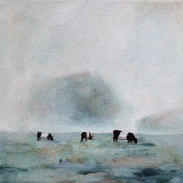 Peinture de vache - impression de peinture à l’huile originale 8 1/2 x 11 Vaches ceinturées dans l’impression d’art de brouillard