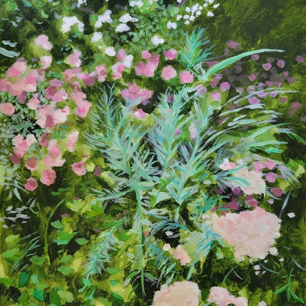 Impression botanique de peinture originale 8x10 fleurs roses acryliques et anis
