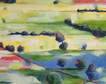 Peinture à l'huile originale paysage californien - champs et chênes huile 16 x 20 sur toile