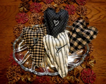 Set of 4 Primitive Homespun fabric Hearts, wood buttons, Bowl Fillers Farmhouse