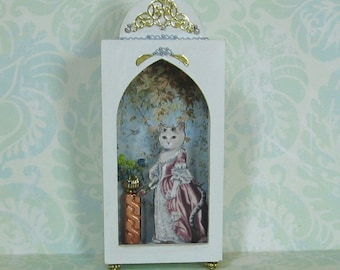 Miniature Shadow Box in Palest Blue with Cat and Pedestal