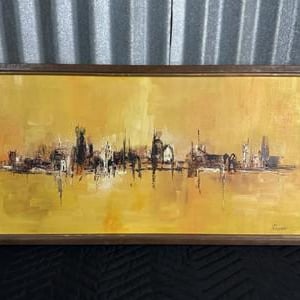 Abstract Cityscape Oil Painting Mid Century Modern Yellow Tones Framed signed