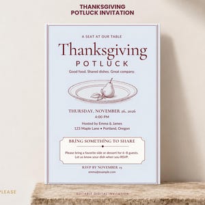 May include: A light blue Thanksgiving potluck invitation card with dark red text. The design features a central illustration of a pear on a plate, with details including the date, time, location, and instructions to bring a dish to share.