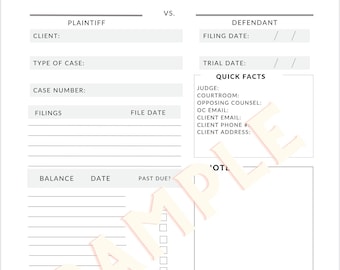 May include: A white and gray legal notepad with sections for plaintiff and defendant information, including case details, quick facts, and tasks. The notepad has a 'SAMPLE' watermark.