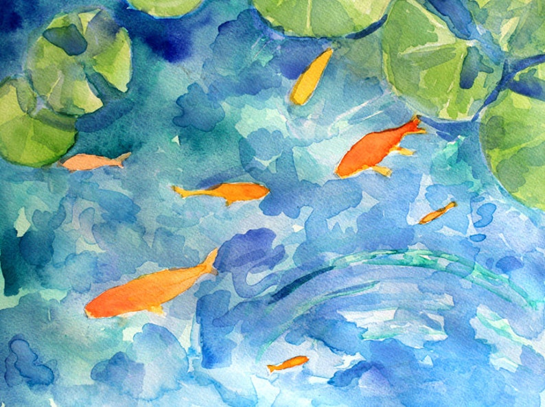 May include: Watercolor painting of a pond with lily pads and orange goldfish swimming. The water is a light blue color and the lily pads are green.
