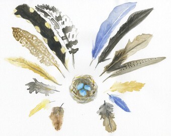 watercolor painting 8x10 archival print feather halo around a nest with blue eggs