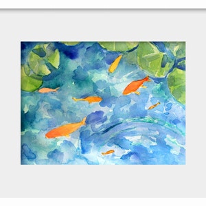 May include: Watercolor painting of a pond with lily pads and orange goldfish swimming. The water is a light blue color and the lily pads are green.