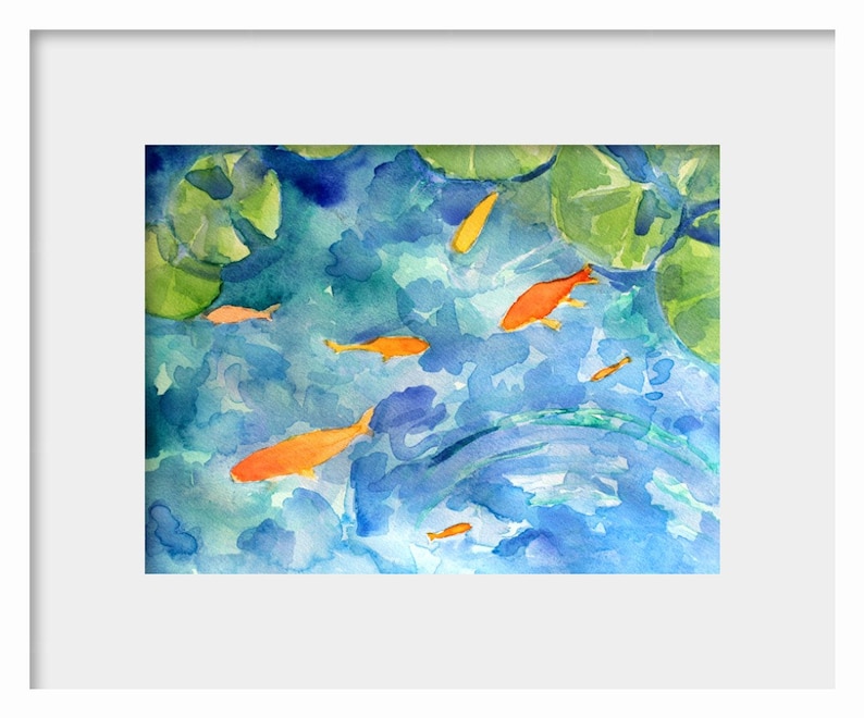 May include: Watercolor painting of a pond with lily pads and orange goldfish swimming. The water is a light blue color and the lily pads are green.