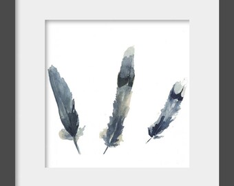 Plumas en Indigo pintura acuarela arte archivo impresión plumas