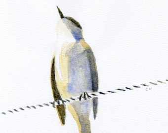 bird on a wire watercolor painting archival art print / looking up