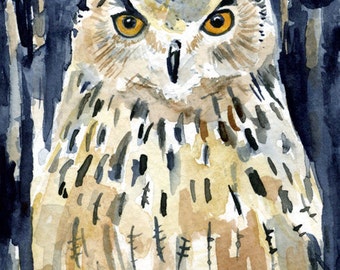 owl print watercolor painting / bird art archival print