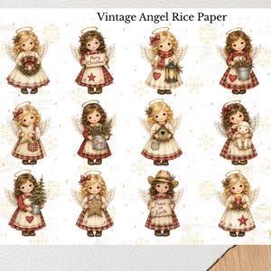 May include: A sheet of Vintage Angel Rice Paper featuring twelve illustrations of angels with blonde or brown hair, halos, and wings. Each angel wears a cream dress with red accents. Text includes Merry Christmas, Joy, and Peace on Earth.