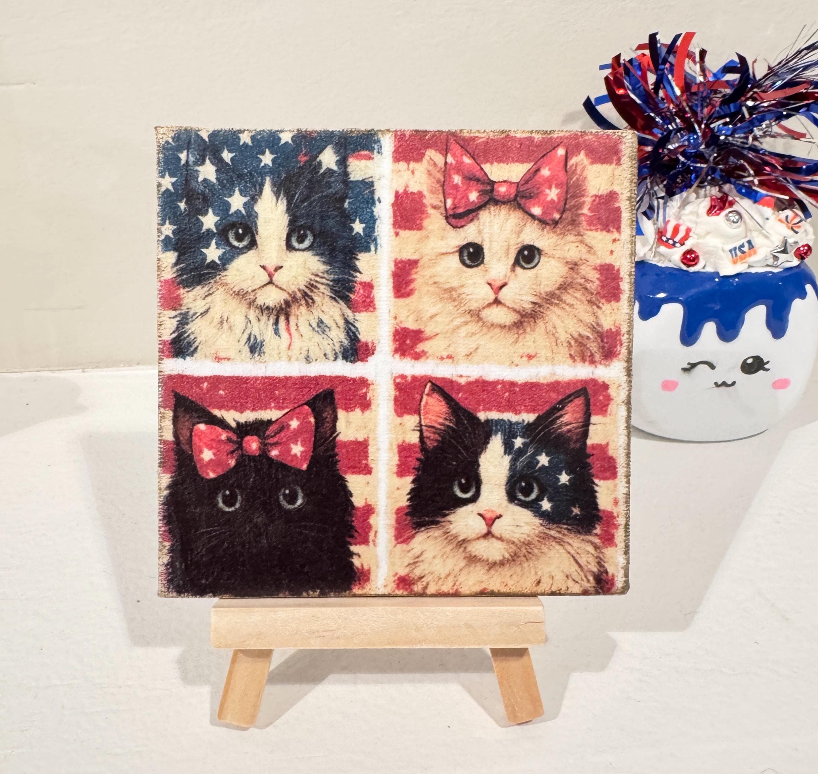 Patriotic Cat Mini Canvas Art: 4th of July Tiered Tray Decor