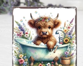 Highland Cow in Bathtub Wood Block Sign: Farmhouse Bathroom Decor