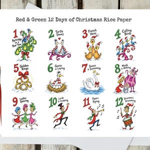 May include: A sheet of rice paper titled Red & Green 12 Days of Christmas featuring twelve numbered illustrations of the holiday song. Each section displays a whimsical character or animal in red and green colors with corresponding text labels.