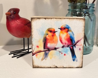 Watercolor Bird Wood Block Sign: Colorful Mini Art, Tiered Tray Decor