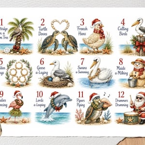 May include: A decorative sheet featuring twelve numbered illustrations of coastal-themed Christmas scenes, including a palm tree, sea turtles, a hen, a pelican, rings, a seagull, a swan, a snowman, a flamingo, a dolphin, a sea turtle, and Santa.