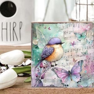 Watercolor Bird Wood Block: Spring Tiered Tray Decor- Song Bird - Butterflies