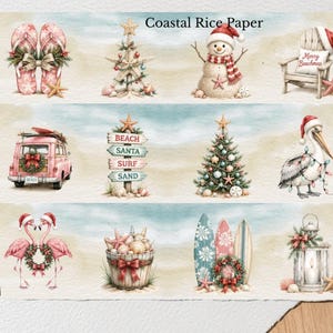 May include: Coastal Rice Paper featuring watercolor illustrations of beach-themed Christmas icons including flip-flops, a starfish tree, a snowman, a beach chair, a pink van, a signpost, a pelican, flamingos, surfboards, and a lantern.