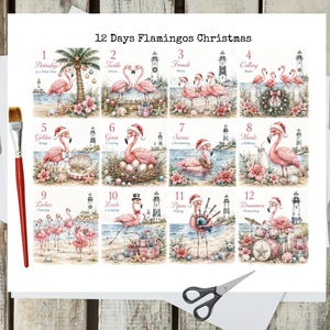 May include: A print titled 12 Days Flamingos Christmas featuring twelve illustrated panels of pink flamingos in holiday scenes, accompanied by a paintbrush and scissors. Each panel depicts a numbered day with festive elements like Santa hats, lighthouses, and gifts.