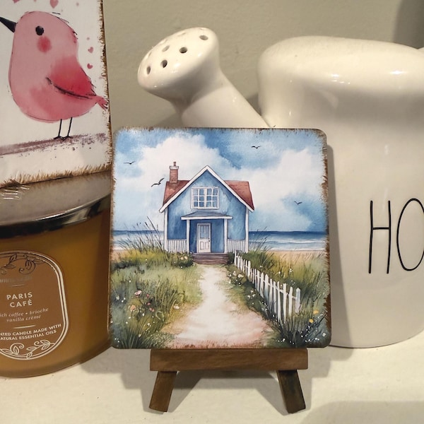 Watercolor Seaside Cottage Mini Wood Art: Beach Decor with Easel