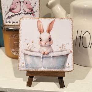 Bathing Bunny Mini Wood Sign: Vintage Spring Bathroom Decor