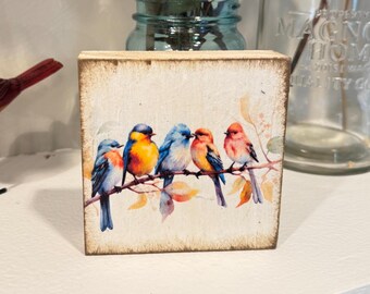 Watercolor Bird Wood Block Sign: Colorful Mini Art, Tiered Tray Decor