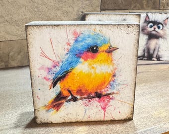 Watercolor Bird Wood Block: Spring Tiered Tray Decor