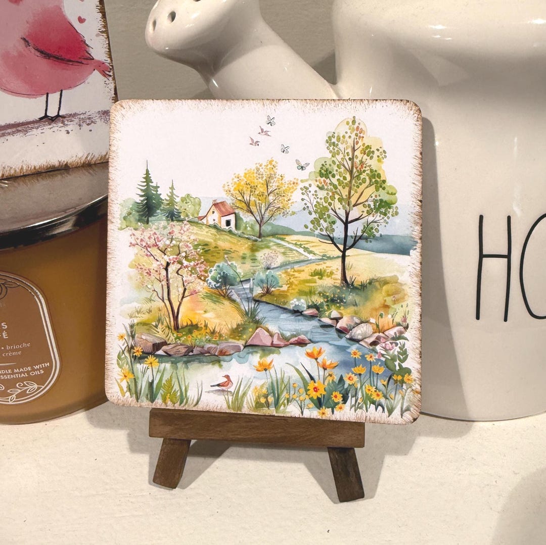 Watercolor Spring Hillside Mini Wood Art: Floral Countryside Art - Etsy