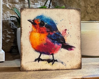 Watercolor Bird Wood Block: Spring Tiered Tray Decor