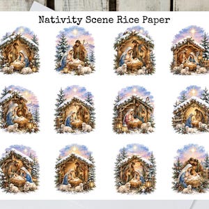 May include: A sheet of Nativity Scene Rice Paper featuring twelve distinct illustrations of the birth of Jesus in a stable, with the text Nativity Scene Rice Paper at the top. A red paintbrush and black scissors are placed on the sides.