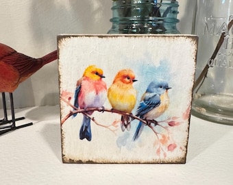 Watercolor Bird Wood Block Sign: Colorful Mini Art, Tiered Tray Decor