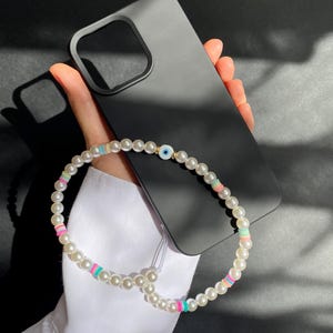 Colorful Pearl Beaded Phone Charm Strap with Evil Eye – Bead Phone Accessory, Wrist Lanyard, Phone Chain