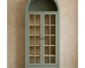 Armoire de style campagnard avec portes en verre cintrées / Bibliothèque en bois de noyer avec tiroirs / Armoire de rangement moderne.