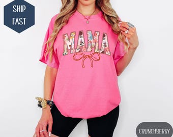 Comfort colors Mama Floral T-shirt, Mothers Day Gift, Cute pink bow Mama Shirt, Gift for New Mom, Coquette Mama shirt, Mom pregnancy gift
