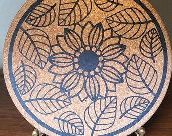 GIRASOL con HOJAS - Salvamanteles redondo de corcho de 19 cm (7,5 pulgadas) personalizable